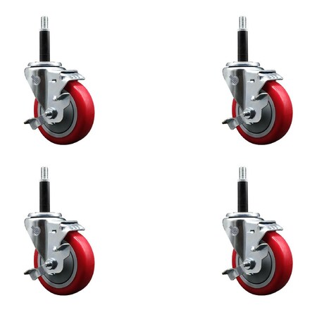 Service Caster 4'' Red Poly Swivel 3/4'' Expanding Stem Caster Set with Brake, 4PK SCC-EX20S414-PPUB-RED-TLB-34-4